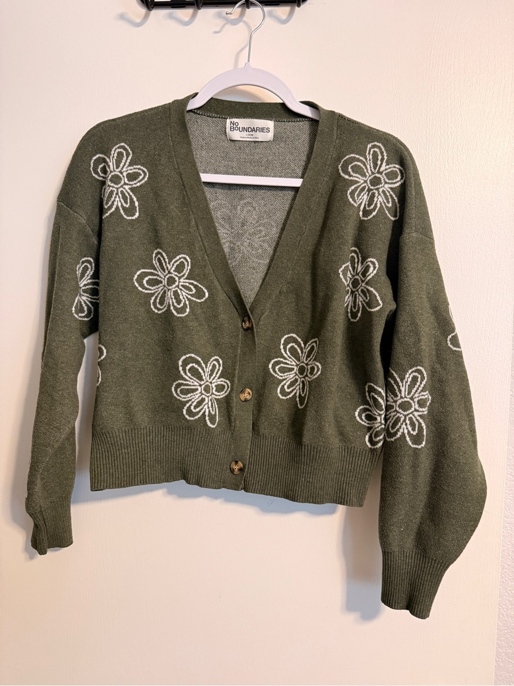No Boundaries Olive Green Cardigan with White Floral Embroidery - Picture 1 of 2